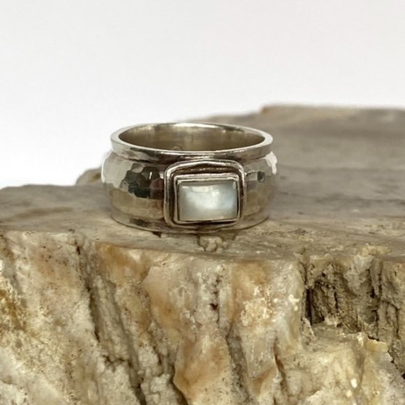 Jewelry - Sterling Silver 925 Cats Eye Quartz Hammered 9MM Wide Cigar Band Ring Sz 6.5